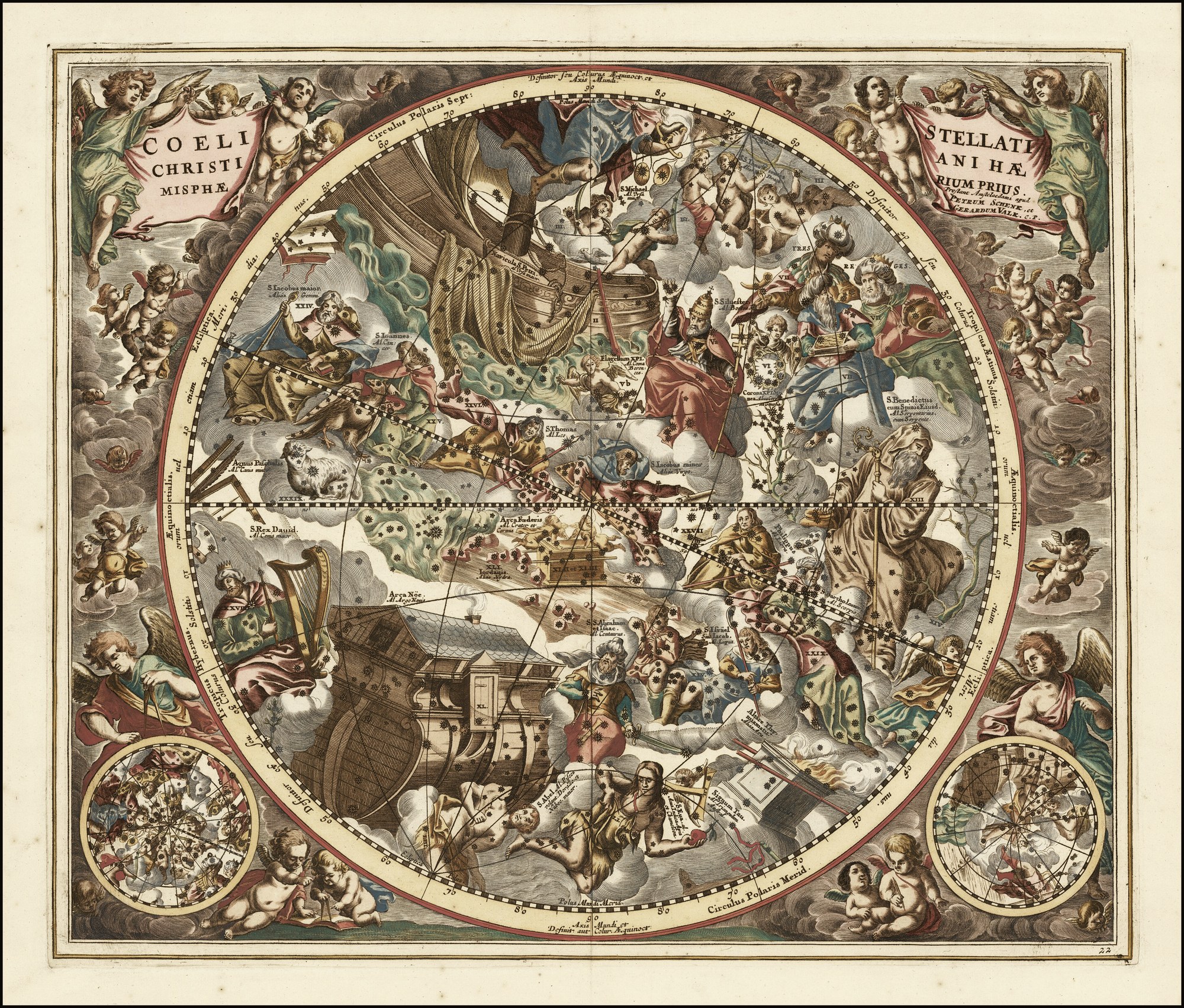 An engraved celestial chart, constellations drawn as figures